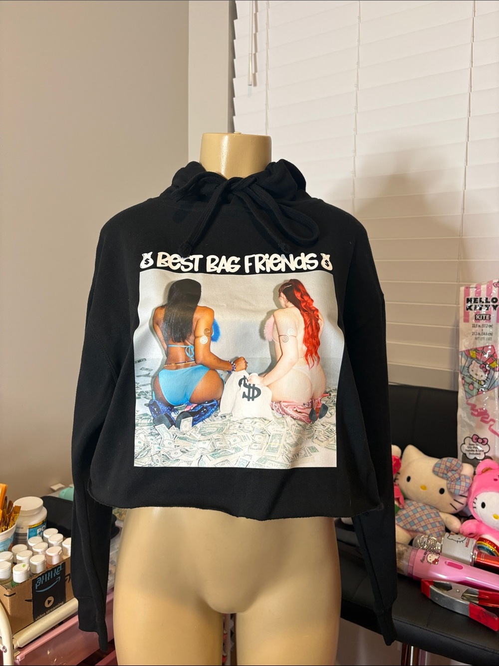 Witchery Black Cropped Hoodie with Blue and Pink Graphic